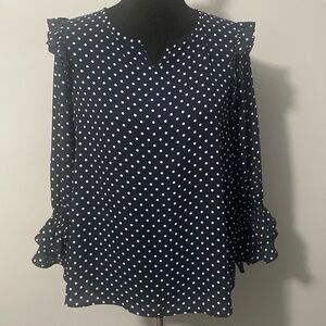 Counterparts Women’s Navy Blue White Polka Dot Ruffle Blouse 3/4 Sleeve Sz L
